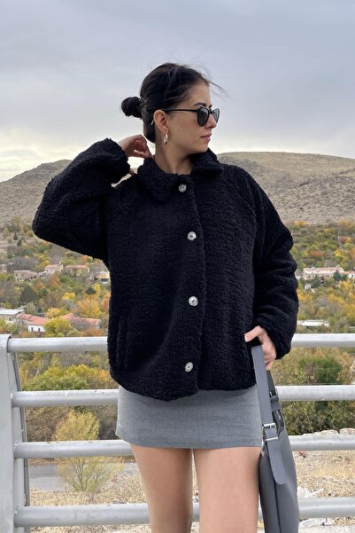 Mzr Collection معطف من القطيفة بتفاصيل أزرار - أسود