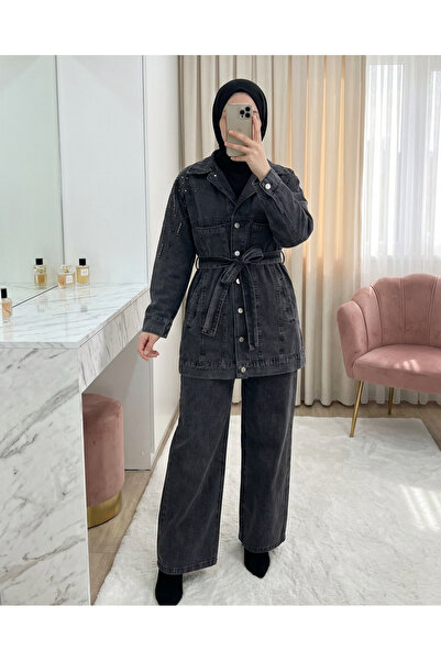 HİJABAYA Σετ τζιν με τσέπες, κουμπιά μπροστά, ζώνη στη μέση και πέτρες