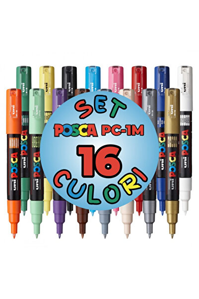 POSCA Marker UNI PC-1M, varf rotund, 0.7mm, set 16 culori