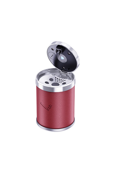 Space منفضة سجائر مضيئة مغطاة بالجلد - ضغط للفتح باللون الأحمر الداكن / ICKU60-1