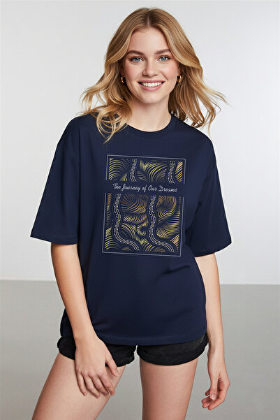 caddekombin Grafică Sparkly Wave pentru femei cu imprimeu Bleumarin tricou
