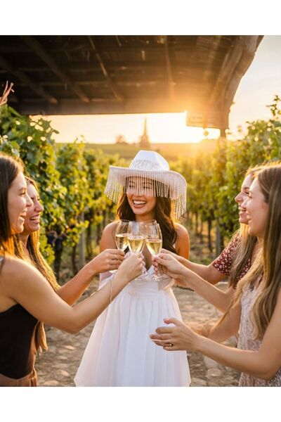 PARTİ SEPETİ Püskül Taşlı Beyaz Bride Parti Şapkası