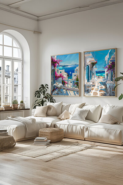 STARYUNA Wooden Framed Mediterranean Streets and Sea View Double Painting Set...