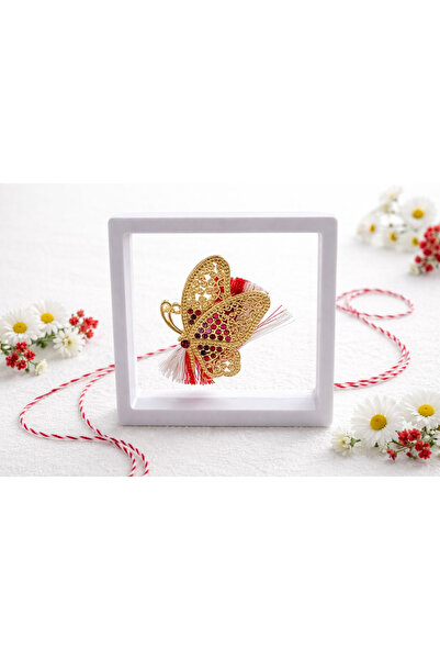 OEM Broșă mărțișor 5 cm, fluture auriu cu cristale, în cutie de 9x9 cm cu fer...