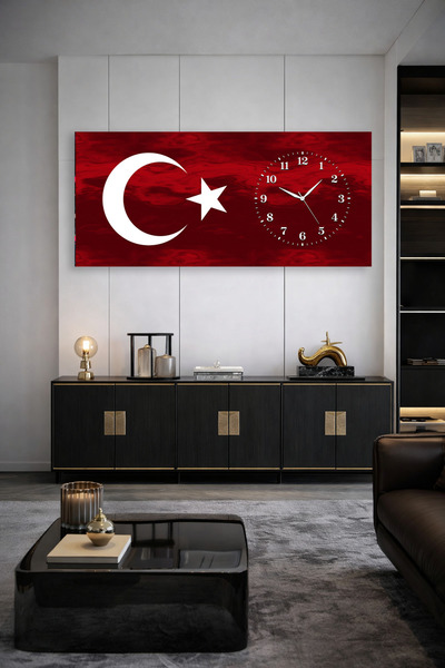 Olinpa KIRILMAZ CAM DUVAR SAATİ , HEM TABLO HEM SAAT TÜRK BAYRAĞI AY YILDIZ T...
