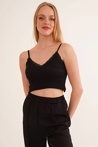 CARLA MARA Ds23254275 Ribbed Knit Lace Crop Blouse with Rope Straps Black