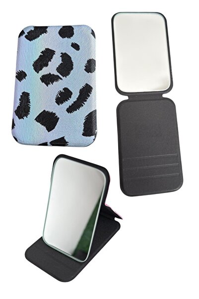 TAKIŞTIR Mavi Renk Leopar Desenli Küçük Boy Katlanabilir Makyaj Aynası