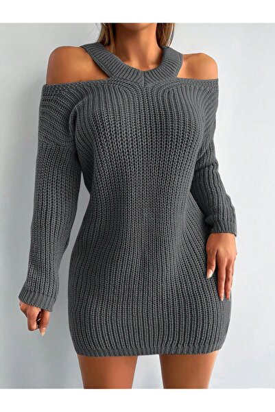 citystyle Women's Knitwear Dress Tunic Anthracite Long T-Sleeve Shoulder Deta...