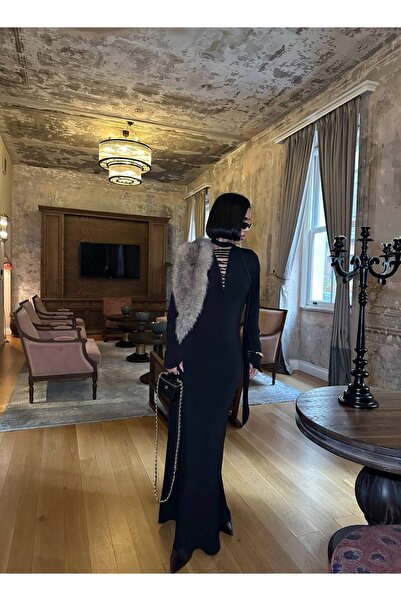 Bak'ap Premium Collar Rope Tie Detail Long Black Dress with Scarf