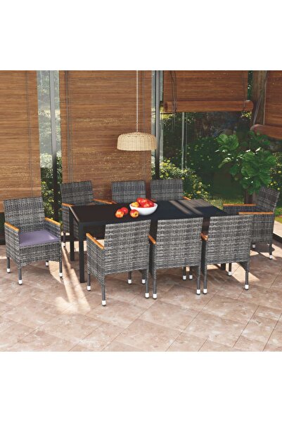 vidaxl 9 Piece Garden Dining Set with Cushions Poly Rattan Grey