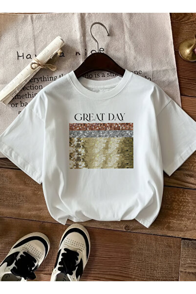 caddekombin تي شيرت نسائي أبيض برقبة دائرية مطرز بالترتر الذهبي ومطبوع