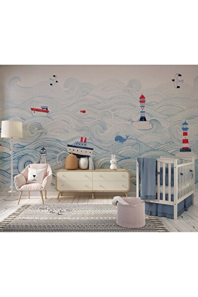 Grown Dalgalı Mavi Deniz Temalı Gemi ve Deniz Feneri Çocuk Odası Duvar Kağıdı
