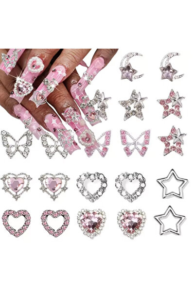 Choice TZ-68 40PCS Star Nail Charms Silver 3D Star Charms Pink Nail Rhineston...