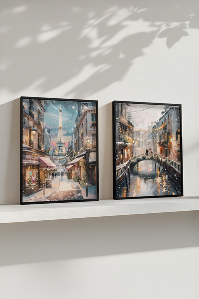 STARYUNA Set de tablouri duble cu vedere la Paris și Veneția, cu ramă din lem...