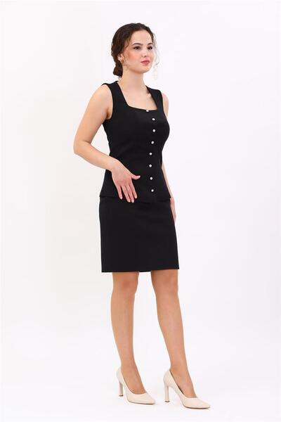 ÖNDER ÖZSOY Square Collar Buttoned Modern Women's Vest-Black