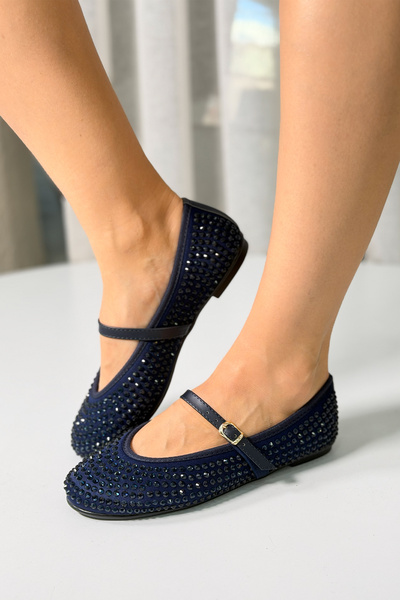 thezkscom Kadın Taş Detaylı Tokalı Babet Siyah, Lacivert