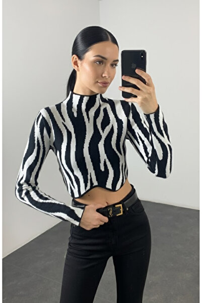 My Blog Stand Collar Zebra Patterned Sweater - 231022