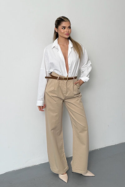 JEE LEE Women's Belted Waistband with Double Pockets Palazzo Pants Beige - 26...