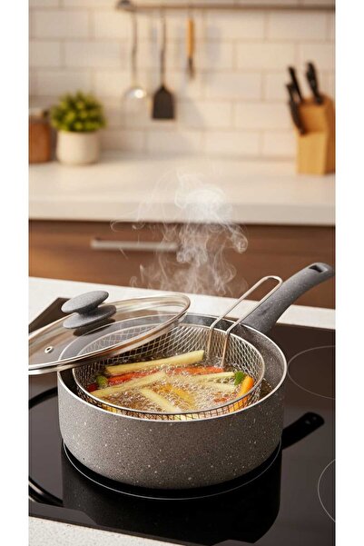 Generic Turkish gray frying pan with glass lid – 26 cm