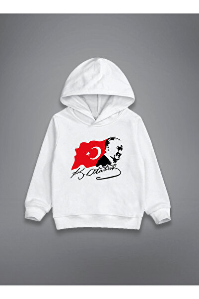 MODA Mustafa Kemal Atatürk Baskılı Beyaz Çocuk Kapşonlu Sweatshirt