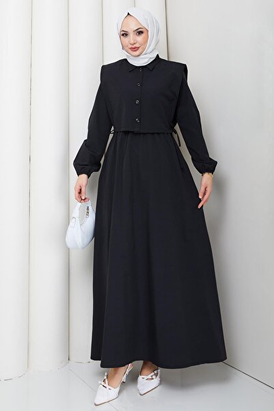 hafsamina Bolerolu Beli Lastikli Tesettür Elbise Siyah HM262756
