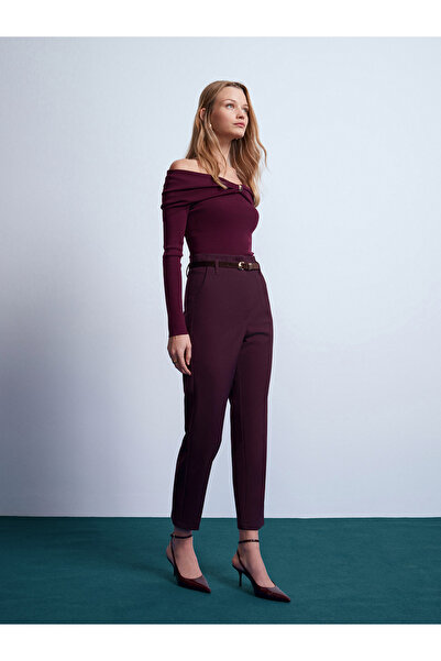 Dilvin 72239 Belted High Waist Trousers-Burgundy