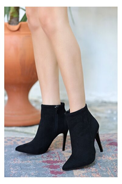 ZERİNAY AYAKKABI Blan Siyah Süet Kadın Topuklu Bot Yandan Fermuarlı