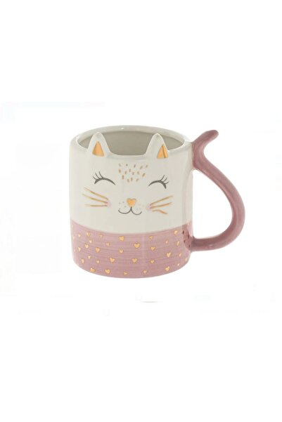 OEM Ceramic Mug with 3D Cat Ears and Tail Pattern, White/Pink 420ml