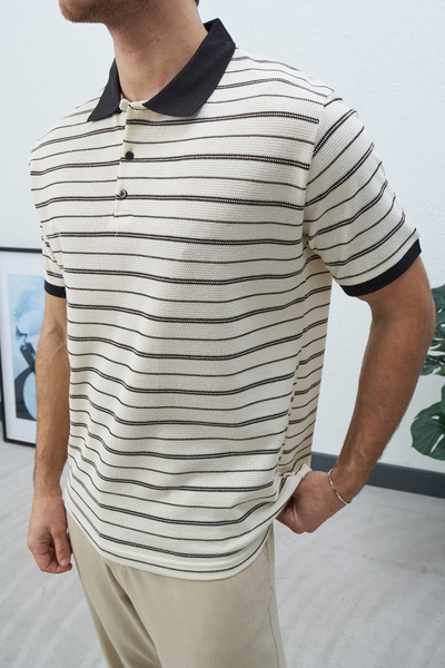 duo fideles Men's Horizontal Striped Polo Neck Knitted Textured Knitwear T-Shirt