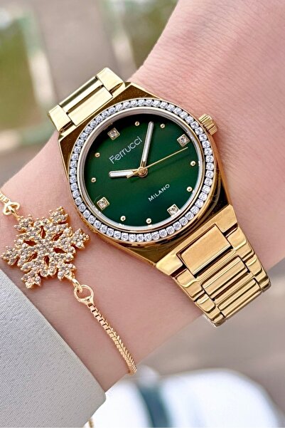 Ferrucci Gold Color Women's Wristwatch and Bracelet with Green Cord