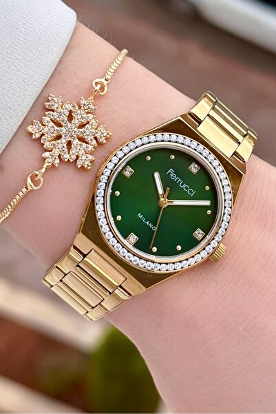 Ferrucci Women's Watch and Bracelet with Green Dial and Gold Color Strap