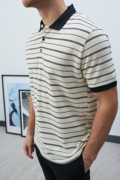 duo fideles Men's Horizontal Striped Polo Neck Knitted Textured Knitwear T-Shirt