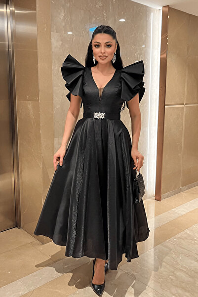 giyimmasalı Taffeta Fabric Shoulder Flounce Midi Dress - Black