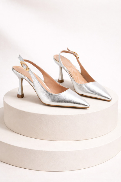 ELAIA SHOES Elora Women's Silver Buckle Pointed Toe Heeled Shoes