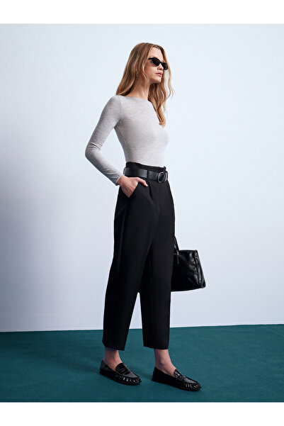 Dilvin 72241 Belted High Waist Trousers-Black