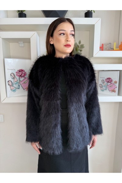 N.INF BUTİK Suni Kürk Orta Boy Peluş/Tüylü Kaban-Siyah