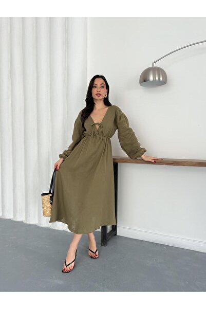 Nazline Women's Elastic Waist Lace Detailed Long Sleeve Muslin Dress