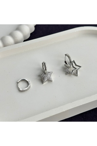 BULUT SEPETİ Silver Color Set of 3 Star Earrings