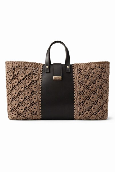 Mimoza Accessories Beige Brown Hand Knitted Tote Bag, Women's Shoulder Bag