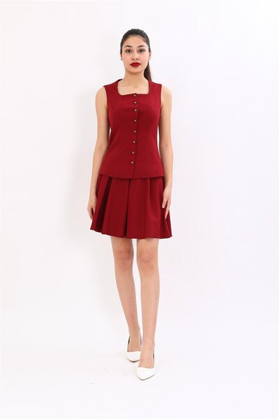 ÖNDER ÖZSOY Square Neck Buttoned Modern Vest & Short Pleated Flared Skirt Wom...