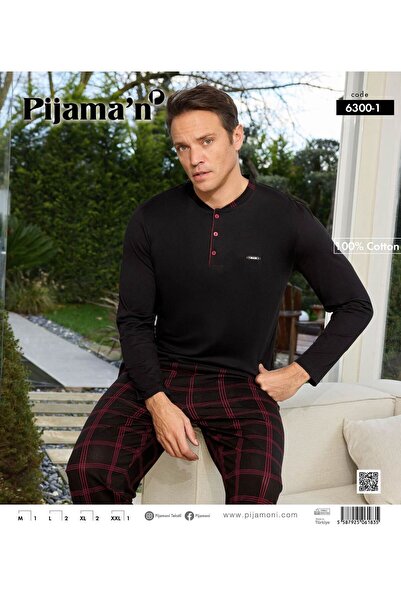 Pijamoni Siyah Renkli Pamuklu Uzun Kollu Erkek Pijama Takımı