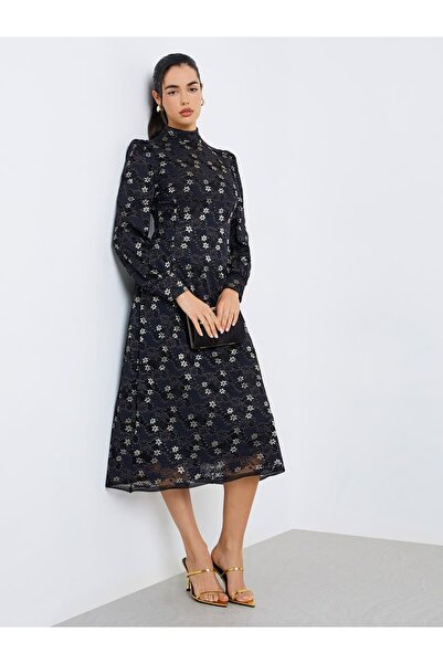 Styli Women Black Lace Long Sleeves Sheath Midi Dress