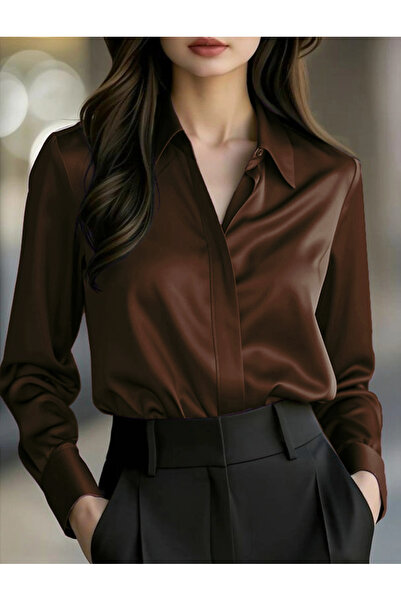 TRENDBUTİKOFFİCİAL Σατέν Υφασμάτινο Πουκάμισο - Καφέ