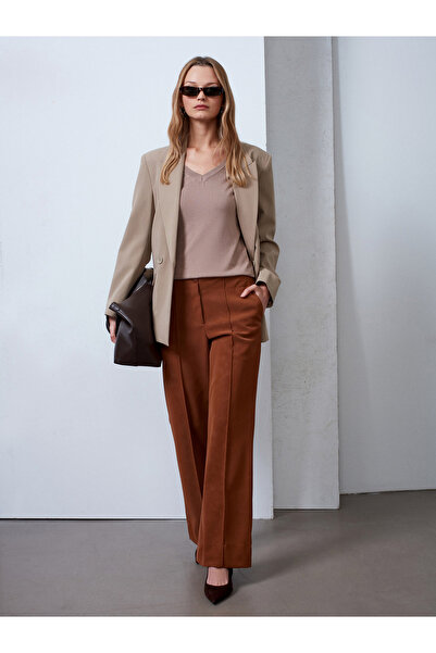 Dilvin 72252 Suede Look Trousers with Stitching Detail - Tan