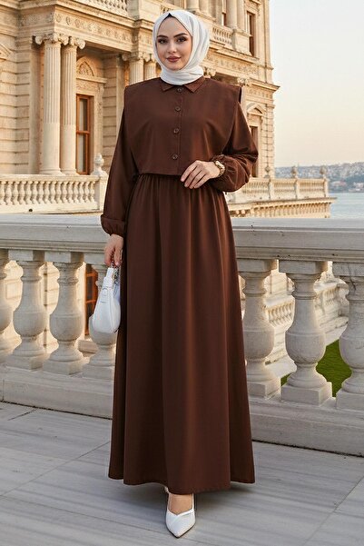 hafsamina Bolero Elastic Waist Hijab Dress Brown Hm262756