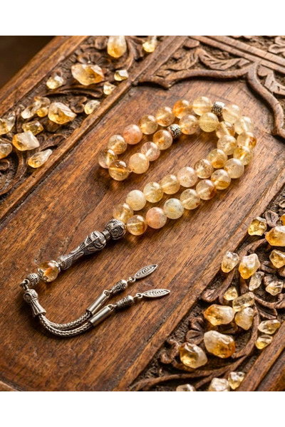SUFİ TESBİH VE ESANS Doğal Sitrin Taşı Tesbih | Gümüş Kaplama Püsküllü | Bere...