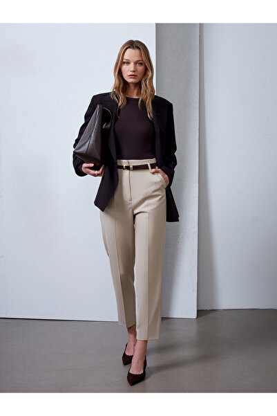 Dilvin 72239 Kemerli Yüksek Bel Pantolon-Taş
