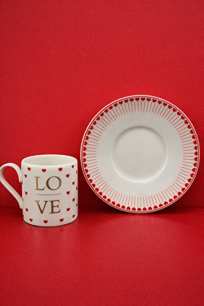 YzHome 6 Kişilik 12 Parça Porselen Love Kalp Kahve Fincan Takımı Seti Kalpli 90ml