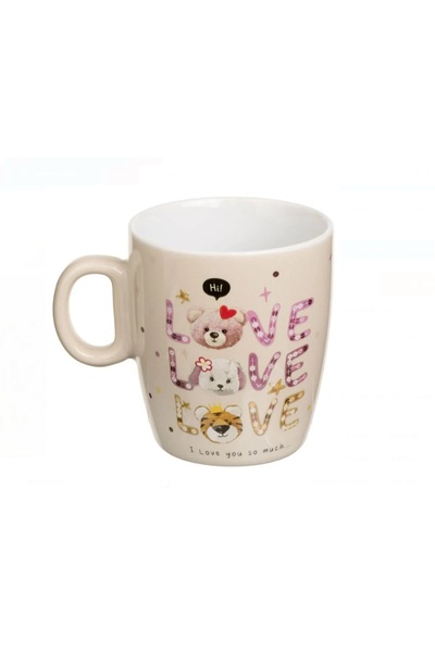 OEM Cană ceramică bej cu 3 animale „Love” și mesajul „I Love You So Much”, 220ml