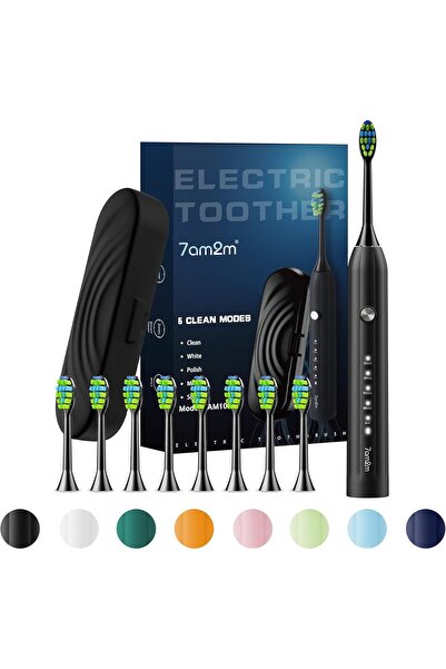 7am2m فرشاة أسنان كهربائية سونيك للبالغين والأطفال، مع حقيبة سفر و8 رؤوس فرشا...